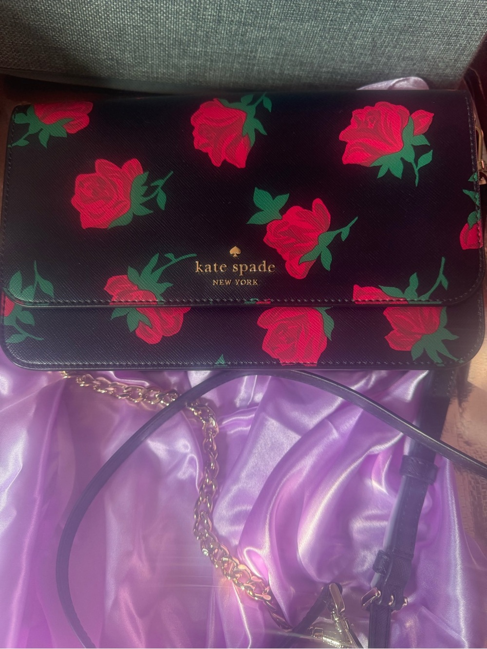 kate spade Black Crossbody Bag with Red Rose Print